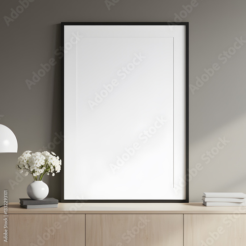 Empty frame mockup, ISO A paper size. Living room wall poster mockup. Interior mockup with modern design. 3D render