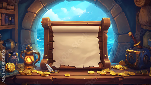 Detailed Pirate Theme Game User Interface Scroll Displaying Blank Information Surrounded By Golden Coins and Sword On A Wooden Table With Sea View