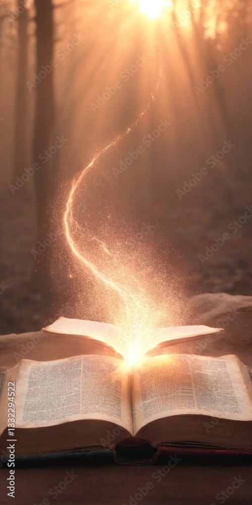 Light coming out of open book pages. Learning, education, knowledge and religion concept.