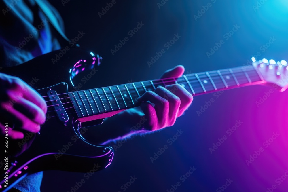 Obraz premium close-up image captures musician hands strumming electric guitar under vibrant stage lights