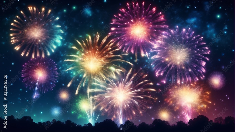 Dazzling display of fireworks bursting in a variety of colors against the night sky, symbolizing celebration festivity