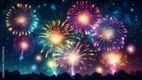 Obraz na płótnie Dazzling display of fireworks bursting in a variety of colors against the night sky, symbolizing celebration festivity w salonie