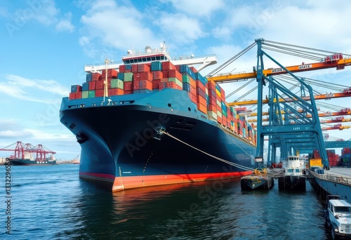 Massive container ship docked at Hamburg harbor, cranes loading cargo, aerial, day