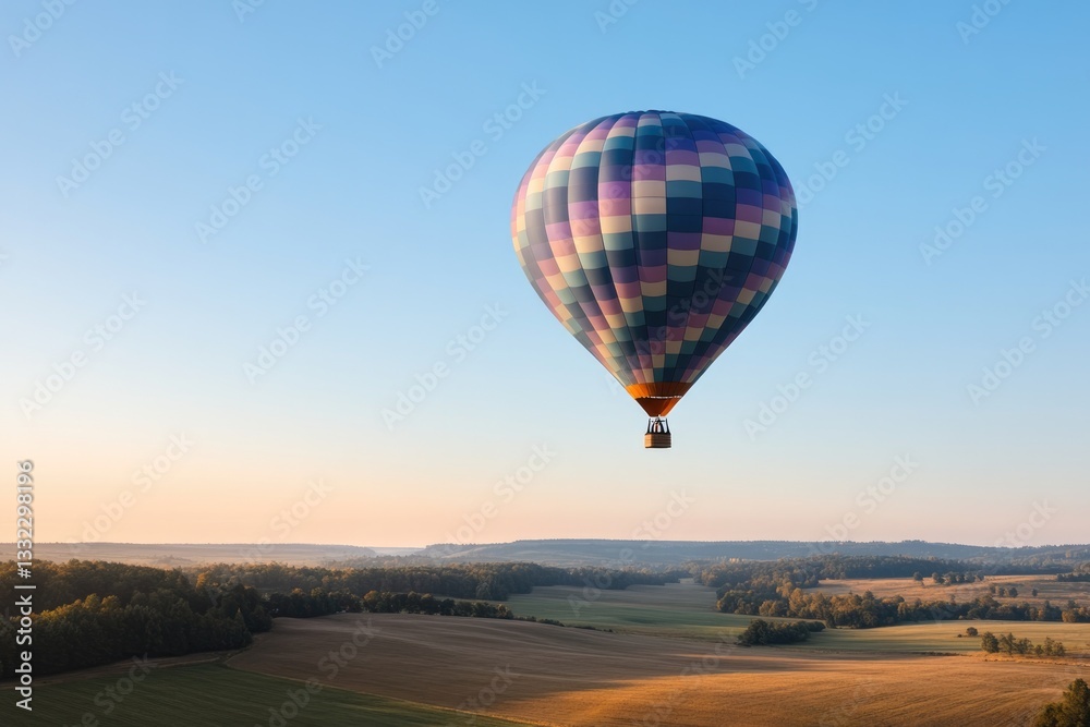 Fototapeta premium vibrant hot air balloon soars over serene landscape at sunrise casting rich shadows on fields below with ample negative