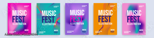 Creative Set Music Festival. 3d Background Fluid Holographic Gradient for Dance Party, Disco, Club Invitation, Poster, Flyer. Summer Design Cover in Vector Illustration.