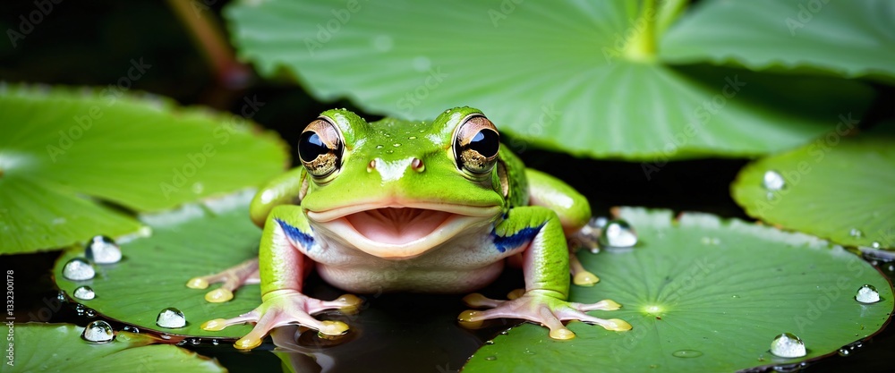 Green frog sitting on lily leaves at pond nature environment. Biology ecosystem. Generative AI