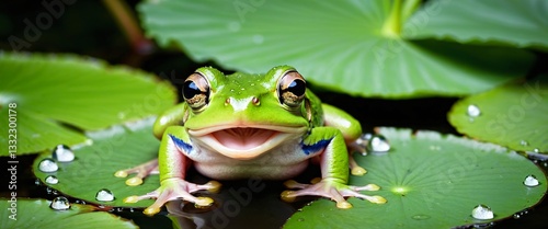 Obraz na płótnie Green frog sitting on lily leaves at pond nature environment. Biology ecosystem. Generative AI w salonie