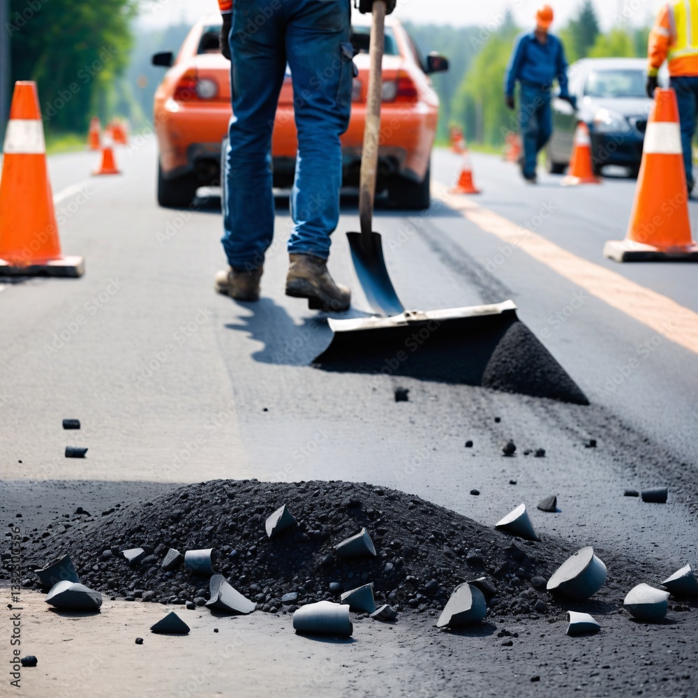 Road construction crew paving fresh asphalt with heavy machinery