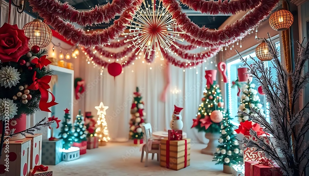 Fototapeta premium Festive Christmas Decor with Ornate Trees, Gifts, and Warm Holiday Ambiance in Cozy Indoor Setting