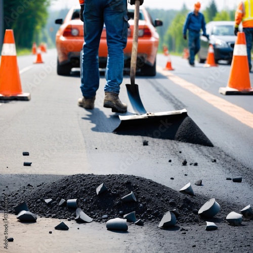 Obraz na płótnie Road construction crew paving fresh asphalt with heavy machinery w salonie