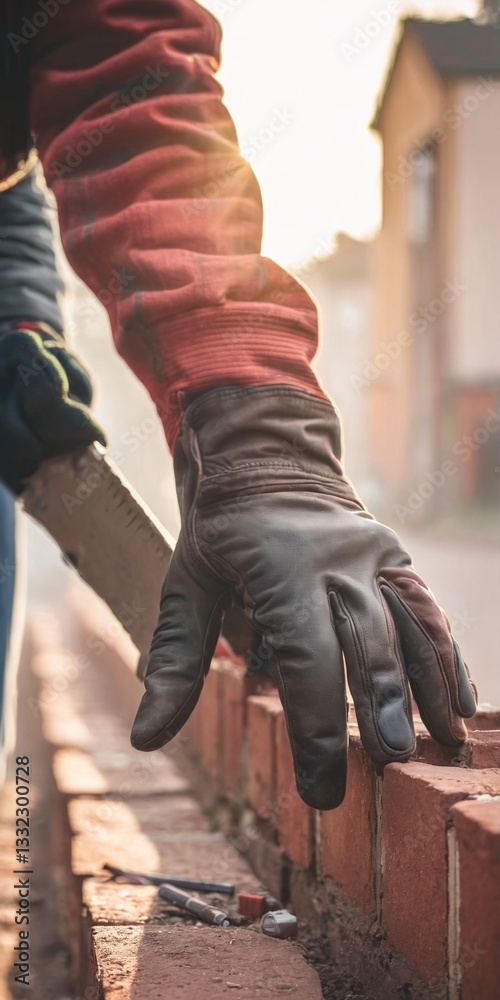 Industrial bricklayer installing bricks on construction site