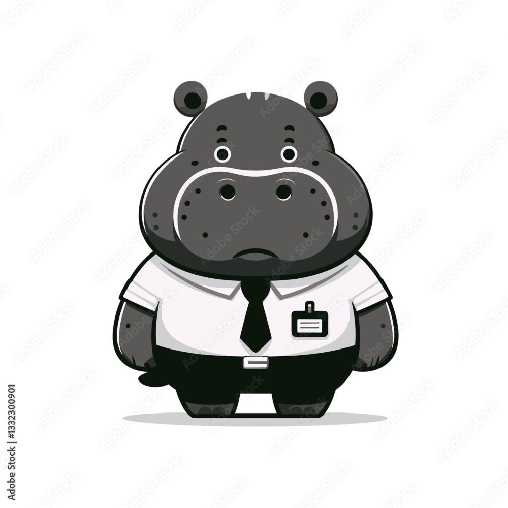 Naklejka premium Security guard hippo in formal uniform with tie. Vector illustration for protection services, workplace safety or professional security personnel concepts.