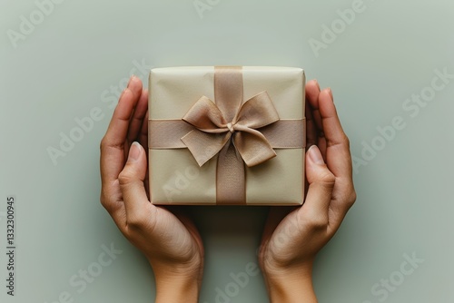 Top view of hands holding a gift box with a beige ribbon on a white background.