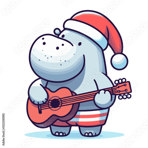 Christmas hippo playing guitar in festive hat. Vector illustration for holiday entertainment, seasonal music events or festive celebration concepts.