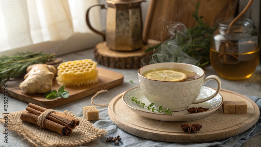 Cup of Lemon and Ginger Tea with Honeycomb, Cinnamon, and Rustic Decor in a Cozy Kitchen Setting, Representing Warmth and Wellness