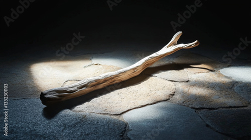 A wooden stick rests on a stone floor