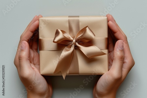 Top view of hands holding a gift box with a beige ribbon on a white background.