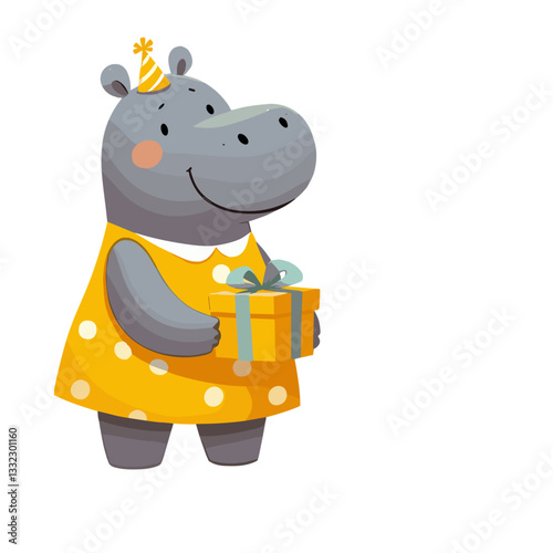 Princess hippo in yellow polka dot dress with gift. Vector illustration for birthday celebrations, children's fairy tales or royal character concepts.