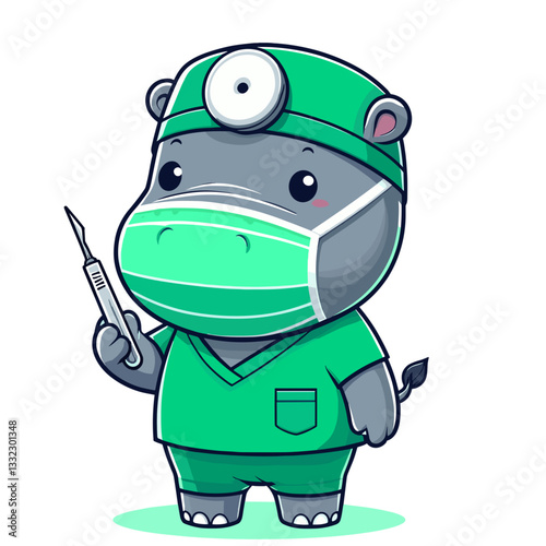 Surgeon hippo in green scrubs with mask and scalpel. Vector illustration for medical professions, surgical procedures or healthcare education concepts.