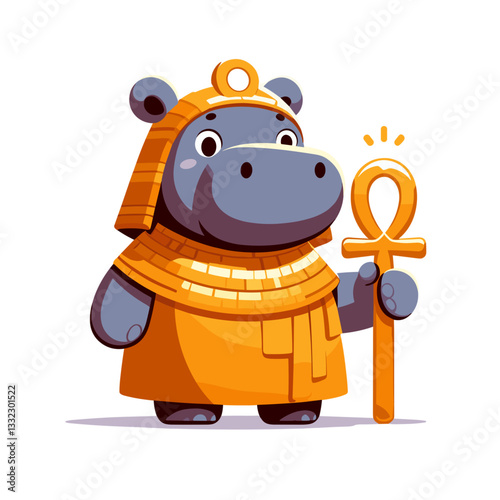 Gray hippo in Egyptian pharaoh costume with staff. Vector illustration perfect for ancient history themes, cultural heritage or historical education materials.
