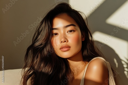 Chic model of Asian descent showcasing luxury leather clutch in modern room with soft light