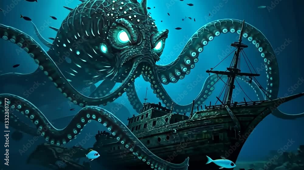 Giant mechanical octopus attacking a pirate ship in stormy sea.