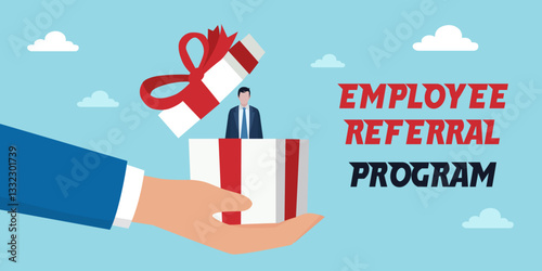 Employee Referral Program banner showing new referred employee as gift. Office and staff concept.