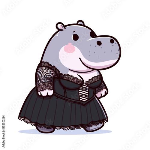 Hippo opera singer in elegant black dress with accordion. Vector illustration concept for music performance mascot or classical arts organization character.