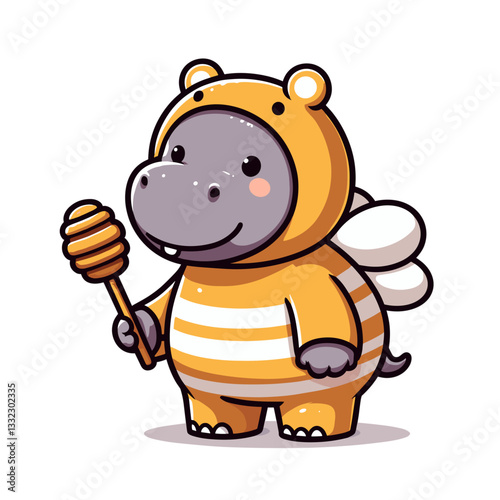Hippo in bee costume with honey dipper. Vector illustration ideal for sweet products, natural honey, costume themes and pollination awareness concepts.