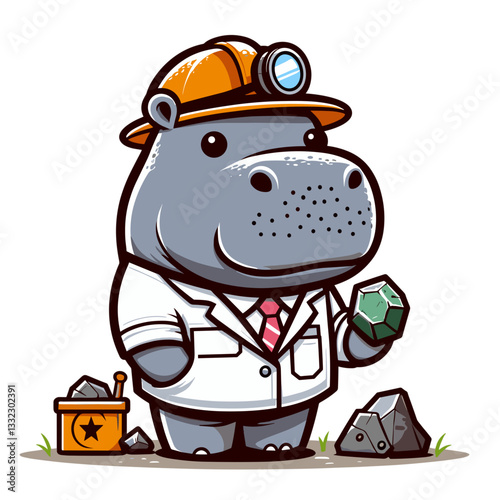 Hippo geologist in white coat examining gem. Vector illustration perfect for earth science, mineral studies, laboratory research and geological expedition concepts.