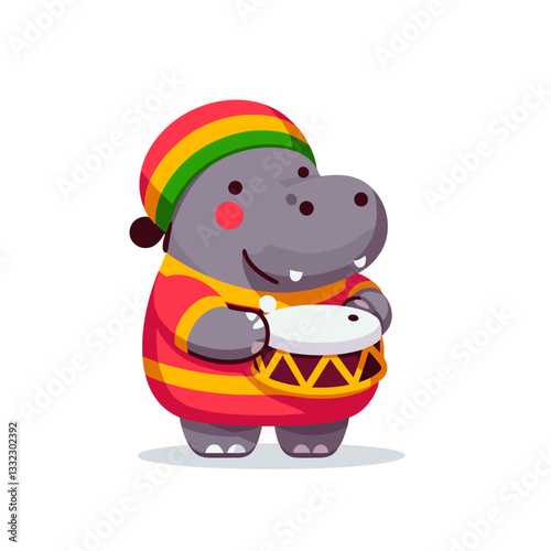 Hippo musician with drum in colorful ethnic costume. Vector illustration ideal for world music, cultural performances, traditional rhythms and festive celebration concepts.