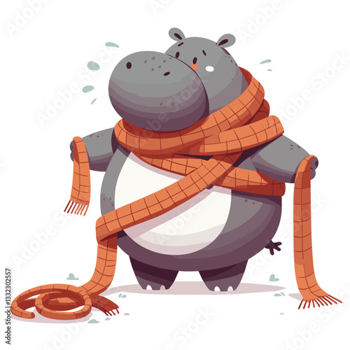 Cold hippo wrapped in long orange scarf. Vector illustration ideal for winter fashion, cold weather preparation, seasonal clothing, and comfort concepts.