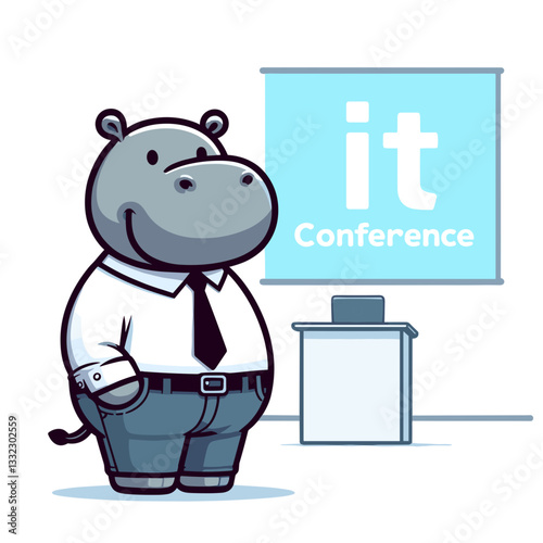 Corporate hippo in suit at IT conference. Vector illustration ideal for technology events, business presentations, and professional development seminars.
