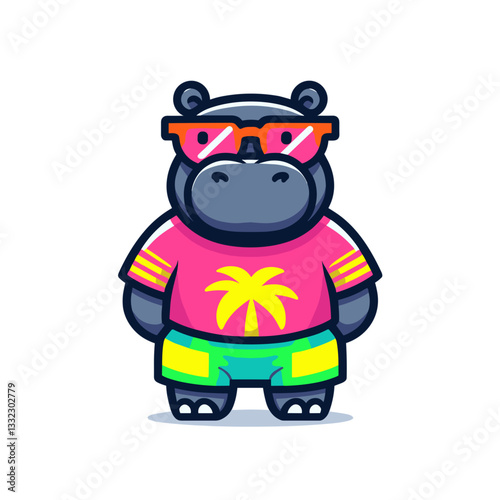 Tropical hippo tourist in colorful vacation outfit. Vector illustration for summer travel, beach holidays or exotic destination marketing concepts.