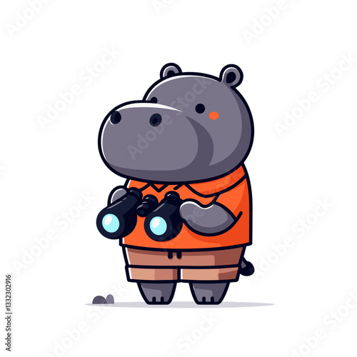 Hippo field observer with binoculars in orange jacket. Vector illustration for wildlife watching, outdoor exploration or nature tourism concepts.
