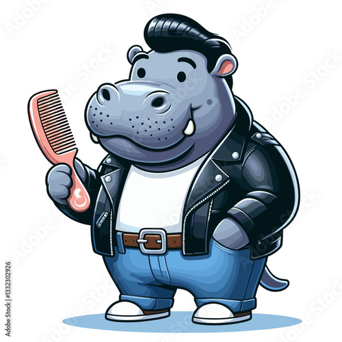 Greaser hippo with comb in leather jacket. Vector illustration for 1950s retro style, vintage fashion or rockabilly culture concepts.