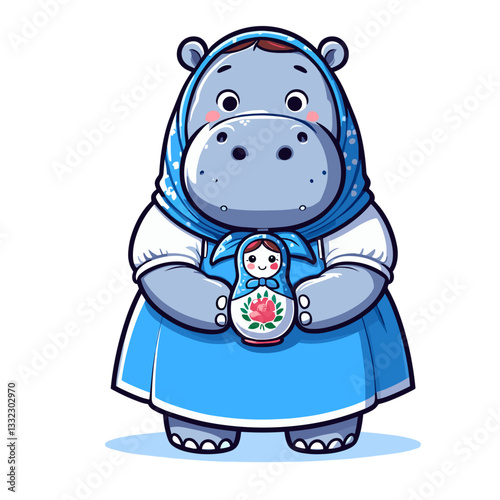 Hippo with cheerful expression holding Russian matryoshka doll in traditional clothing