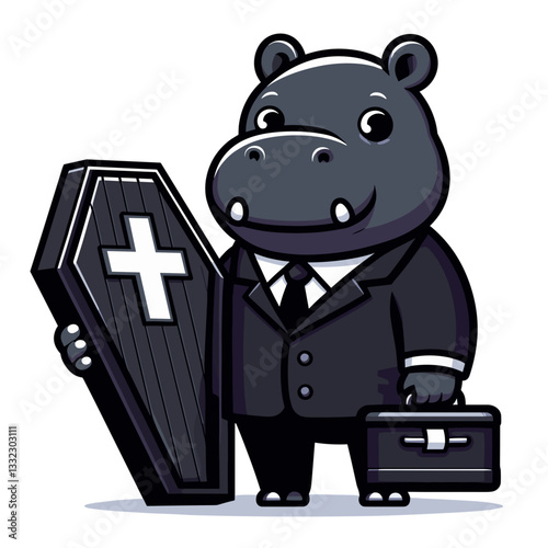 Undertaker hippo in black suit with coffin. Vector illustration for funeral services, gothic themes or macabre humor character concepts.
