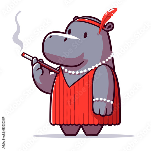 Gray hippo in red flapper dress with cigarette holder. Vector illustration perfect for retro themes, 1920s era or vintage entertainment character concepts.