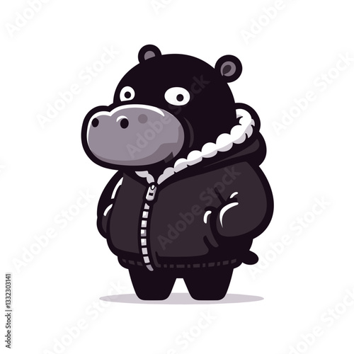 Black hippo in leather jacket with pearl necklace. Vector illustration ideal for fashion contrast themes, style fusion or elegant rebel character concepts.