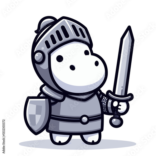 White hippo knight in armor with sword and shield. Vector illustration perfect for fantasy themes, medieval characters or heroic adventure concepts for children.