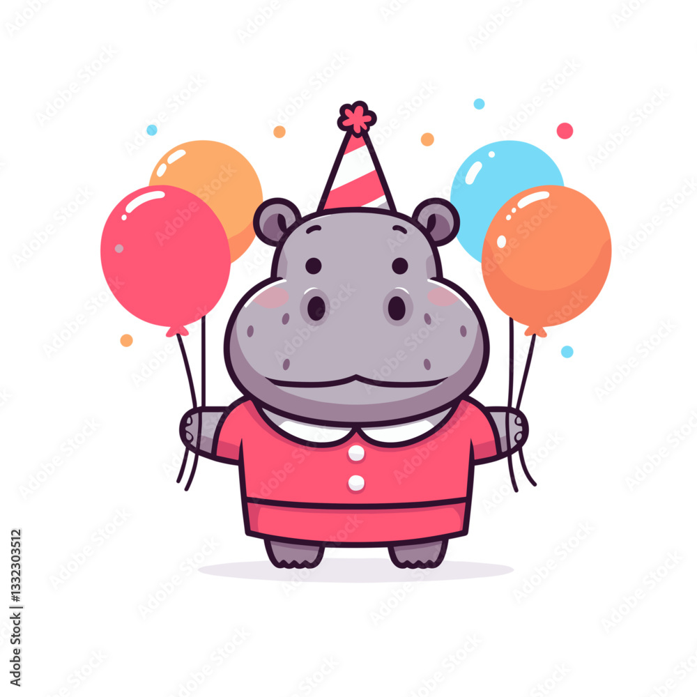 Fototapeta premium Birthday hippo in red outfit with party hat and balloons. Vector illustration concept for celebration event company mascot or greeting card character design.