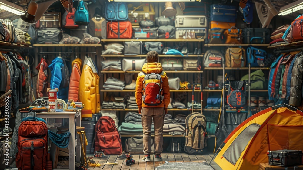 Naklejka premium Selling Outdoor Gear A Cashier's Perspective in a Cozy Store Full of Adventure Essentials