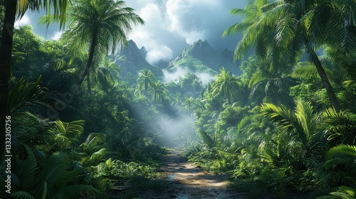 Tropical path through lush jungle, misty mountains