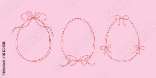 Set of pink ribbon bow easter eggs coquettish frames. Hand drawn cute line doodle illustration. Spring border whimsical wavy girly border. Celebration invitation template. Vintage background