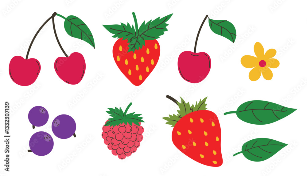 Berries set in modern minimal style. Cherry and raspberry, blueberry and strawberry. Fresh summer juicy berry collection. Berries set in modern minimal style. Cherry and raspberry, blueberry and strawberry. Fresh summer juicy berry collection.