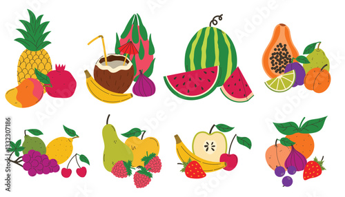 Tropical fruit compositions set. Summer juicy food still life collection. Watermelon and coconut, citruses and berries.