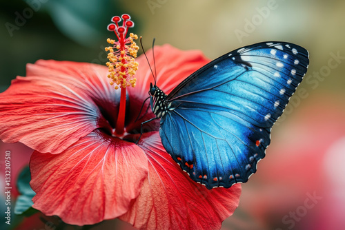Blue butterfly rests on red flower, contrasting colors pop against lush green backdrop in natural garden setting.