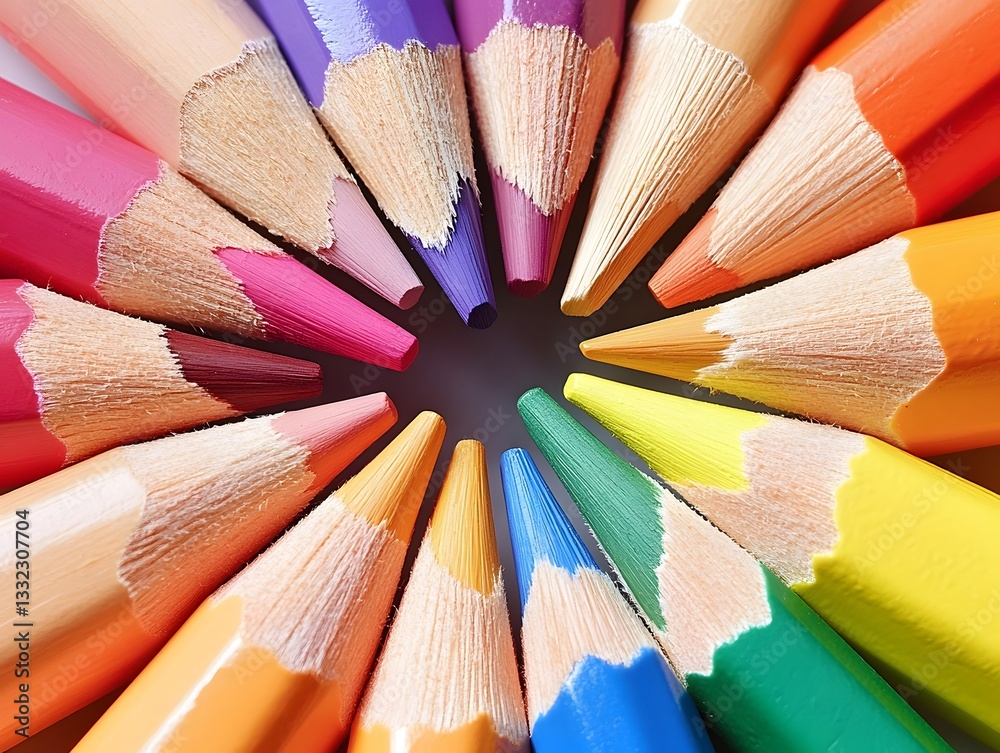 Colorful circular arrangement of sharpened wooden pencils Colorful circular arrangement of sharpened wooden pencils