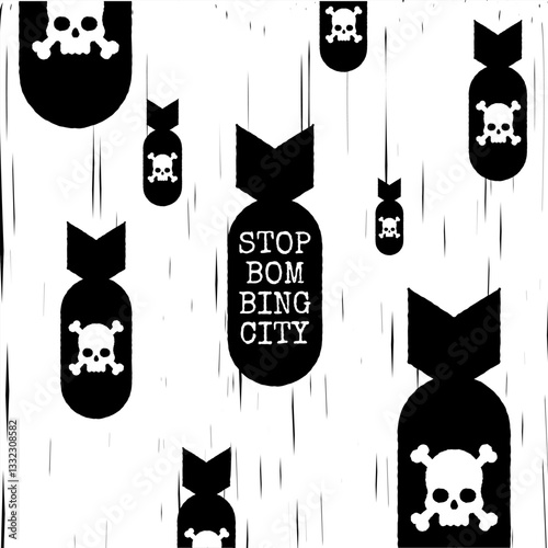 Stop bombing city. Silhouette aviation bomb with typography quote. Vector illustration in trendy flat style isolated on grunge texture background for your brochure, poster, banner, card. 